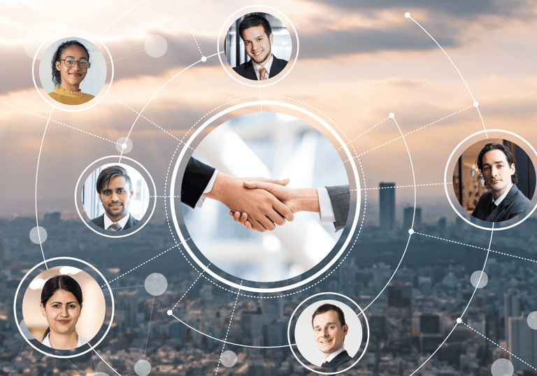 a business meeting with a handshake with a city in the background