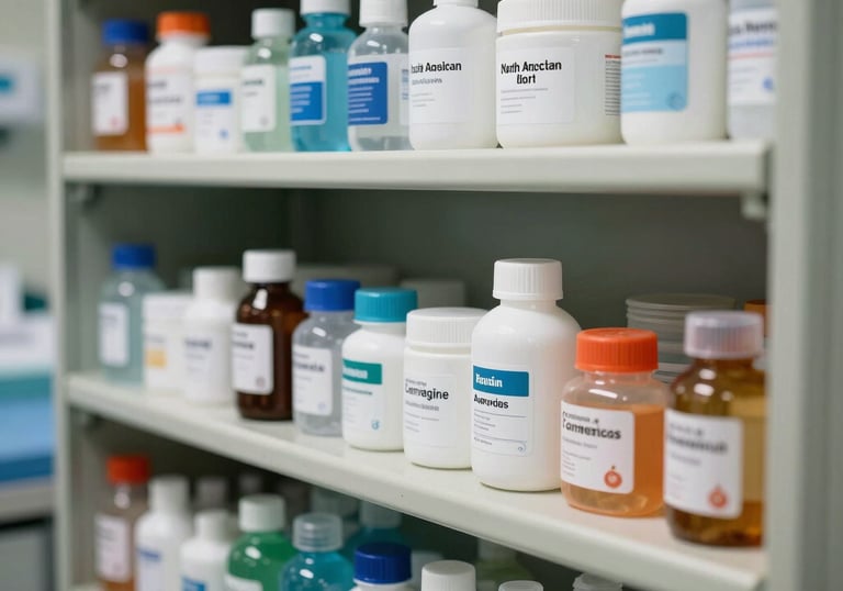 A clean, organized medical storage area with labeled supplies, demonstrating the attention to detail and hygiene in a North American facility.