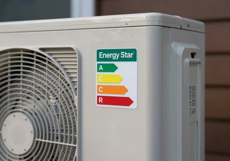 A close-up of an Energy Star efficiency rating sticker on a brand new, high-performance outdoor AC unit installed at a North American residence.