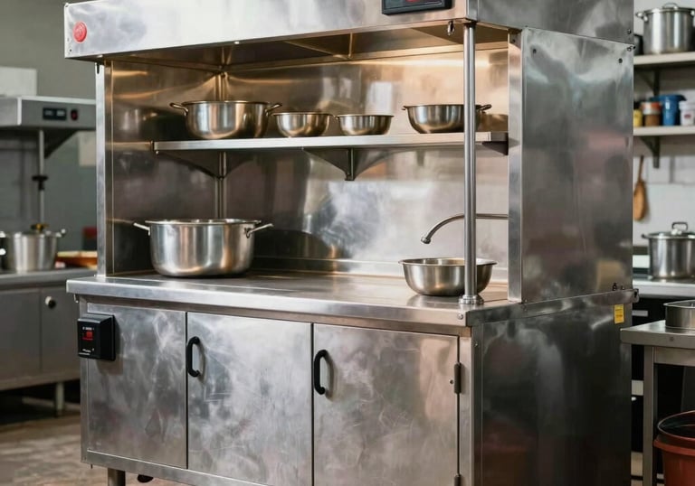 A clean, organized professional mobile kitchen at a South Asian project site, with stainless steel appliances and culinary equipment.