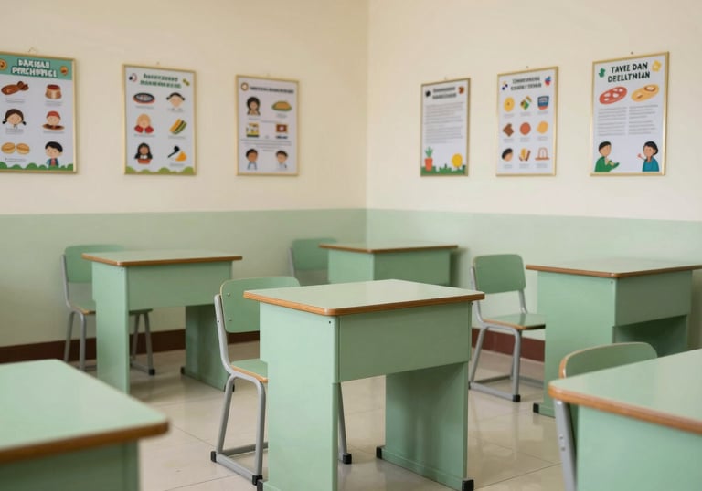 A bright, clean Indonesian classroom interior featuring sage green furniture and educational posters on soft cream walls.