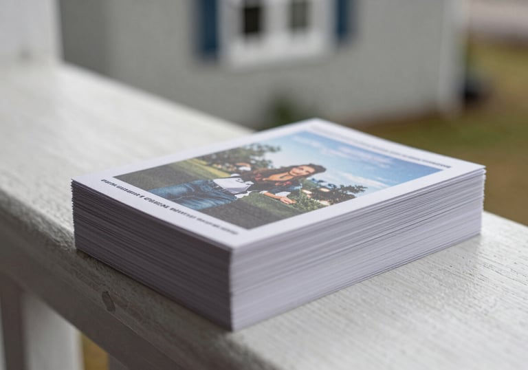 A close-up photograph of a bundle of neatly printed marketing cards resting on a clean front porch of a North American / Canadian home, focus on quality paper texture.
