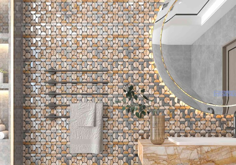 a bathroom with a stone wall and a mirror