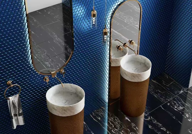 a bathroom with a blue tiled wall and a mirror