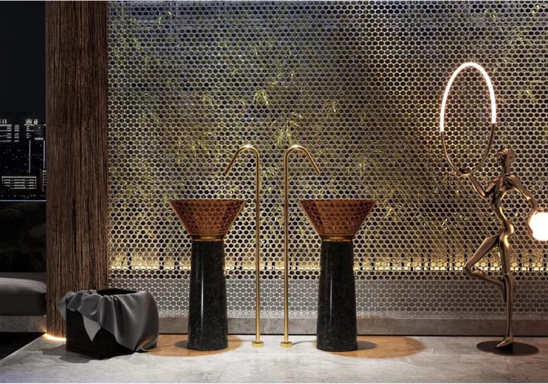 a room with a lamp and a lamp on a table