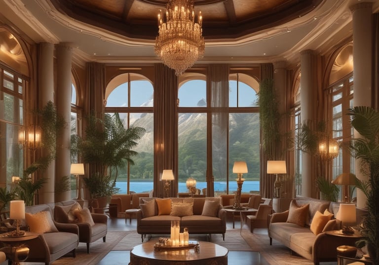 Cozy hotel room with a beautiful city view at sunset.