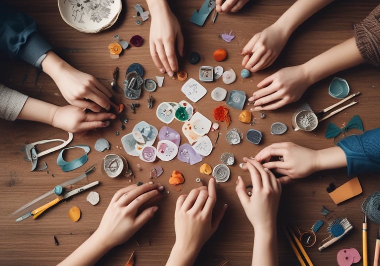 Children planting seeds in rich soil under a bright sky.