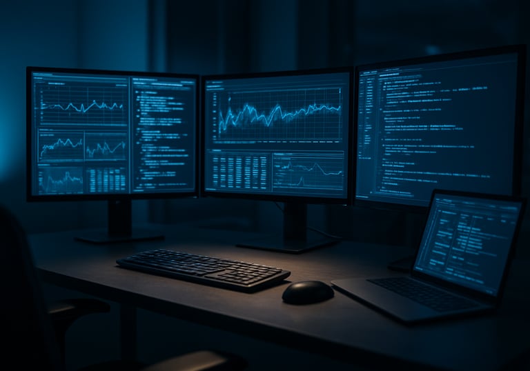 A high-tech workspace featuring multiple monitors showing complex data and code, with soft blue ambient lighting. This represents the company's IT and research capabilities, focusing on a clean and innovative technological environment.