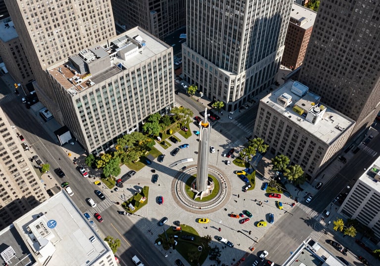 An aerial view of a vibrant, modern city square in the United States, representing the fast-paced and interconnected nature of modern business.