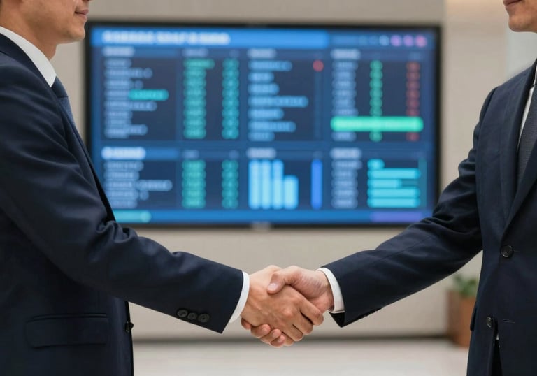 Two business professionals in a modern lobby engaged in a handshake, with a large digital data screen in the background. Professional, trust-building, premium atmosphere.
