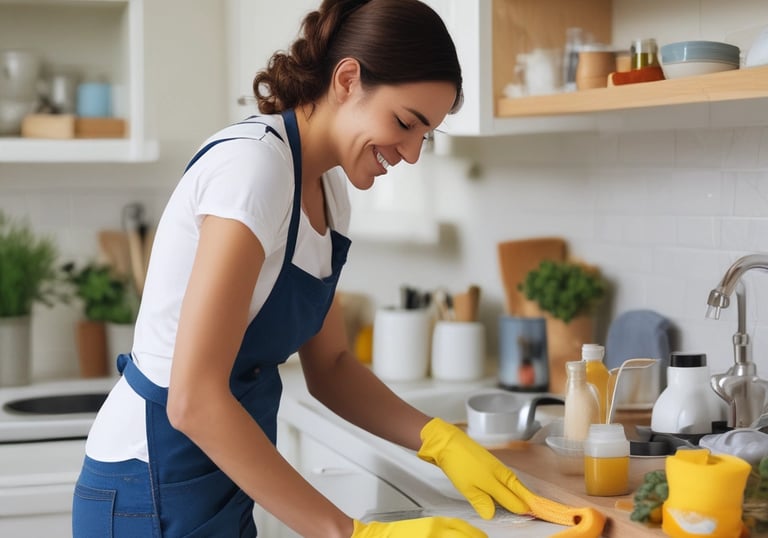 A professional cleaner wiping down a kitchen countertop with a spray bottle and cloth.