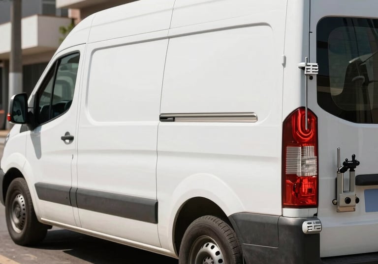 A professional service van with locksmith equipment parked on a typical Guarulhos street. Modern, clean, and professional appearance under bright sunlight.