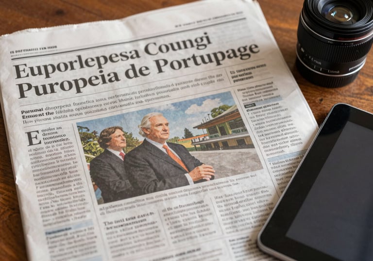 A close-up of a high-quality newspaper and a digital tablet on a wooden surface, showing headlines about economic performance in a European Portuguese context.