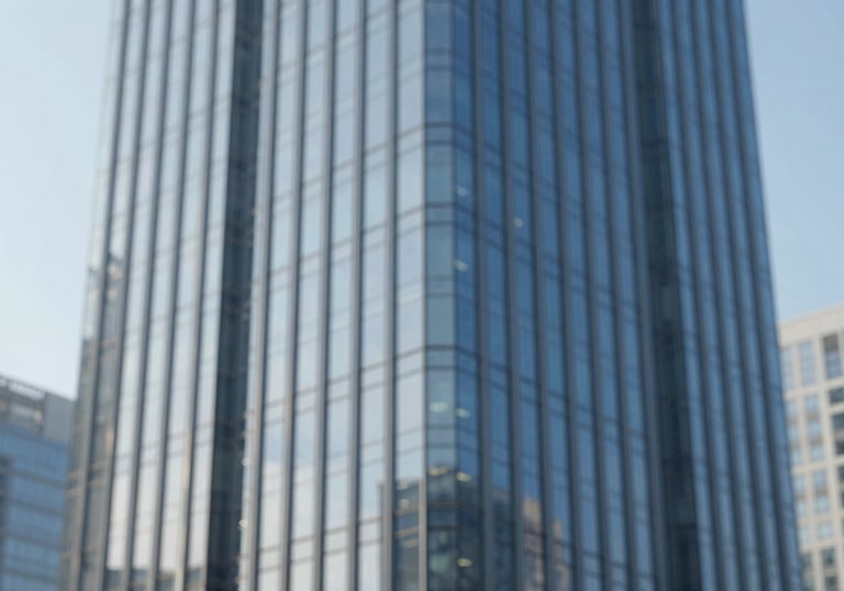 The exterior of a modern, luxury glass skyscraper corporate office, sharp lines, blue sky reflection, minimalist and high-end, incorporating #0A2342 and #F8F8F8.