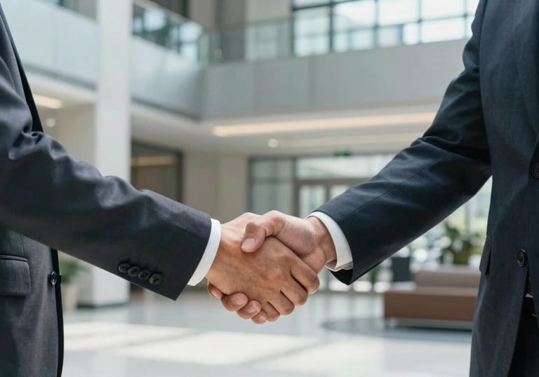 A professional handshake between two partners in a bright North American / US corporate lobby with steel gray-blue accents.