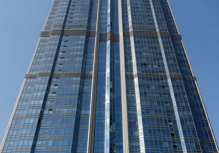 A stunning architectural photograph of a modern glass skyscraper in Dubai reflecting a bright blue sky, representing corporate strength and global digital reach.
