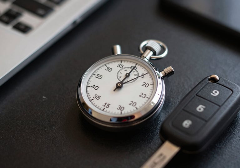 A close-up of a stopwatch and a car key on a dark desk, symbolizing the speed and efficiency of our car buying process.