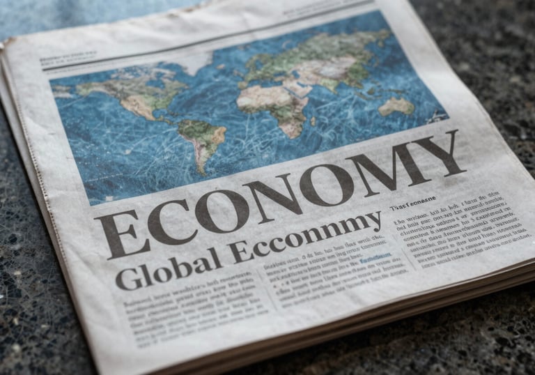 A close-up of a high-quality newspaper showing a headline about the global economy, resting on a polished marble surface. Colors: muted ocean blue and deep midnight blue.