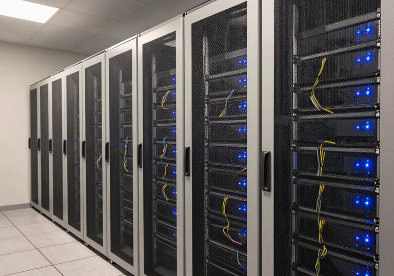A wide shot of a high-tech server room with neat cabling and steel blue indicator lights reflecting off soft off-white panels.
