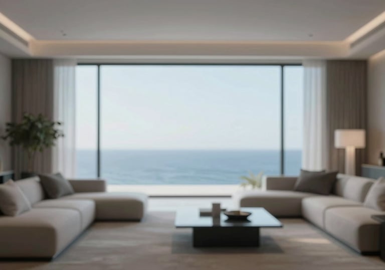 Interior of a modern luxury living room with floor-to-ceiling windows showing the sea, minimalist decor in #F5F7F8 and #A8B6C7.