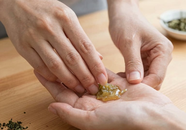 Artisan hands gently stirring a small pot of herbal balm over a warm wooden surface.