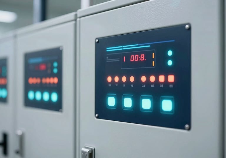 An advanced digital control panel for a fire suppression system, glowing indicators, modern UI, professional and reliable aesthetic, featuring colors #0A192F and #28425F.