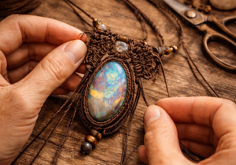 Collar de macramé en color cafe con piedra ópalo montada