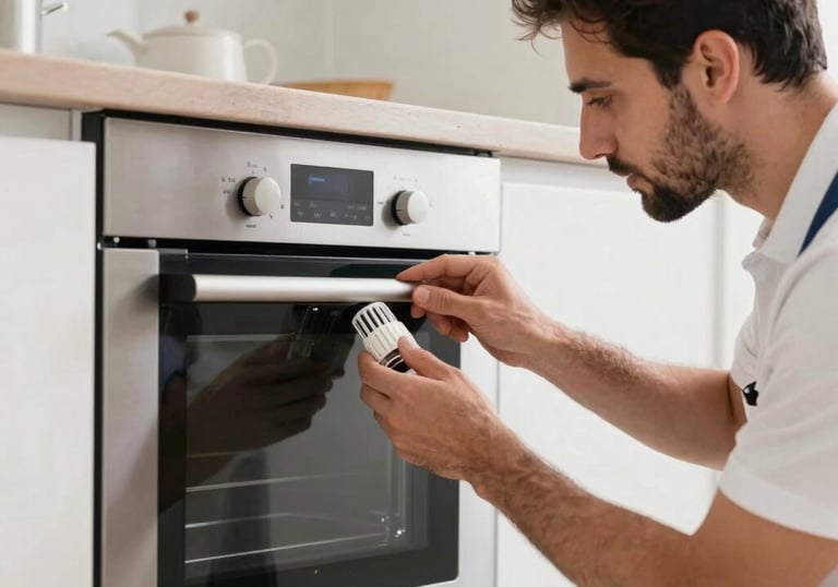 A technician testing the thermostat of a modern built-in oven, bright and clean Middle Eastern / Gulf residential kitchen, professional and trustworthy mood.