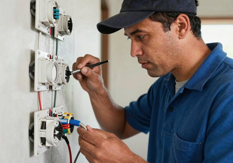 A handyman fixing a door lock in a bright, modern home.