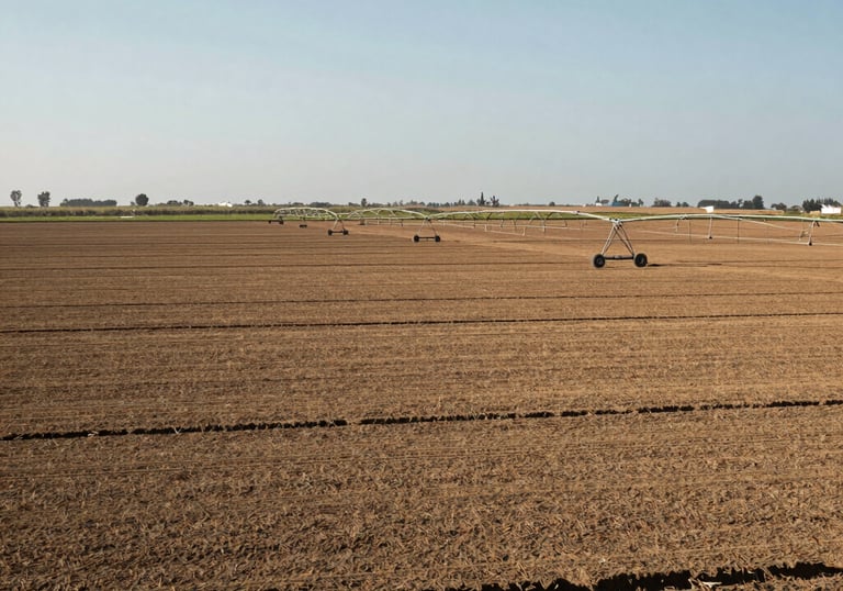 Wide landscape photography of high-yield agricultural land in Piura, Peru. Fertile fields, modern irrigation, clear sky, professional agricultural context.