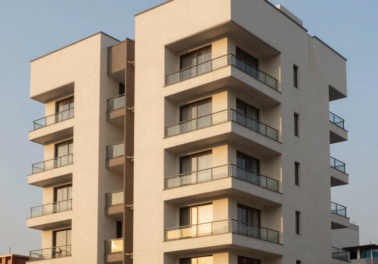 Architectural photography of a luxury residential building in Miraflores, Lima, Peru. Modern clean lines, ivory facade, warm sunset lighting, high contrast.