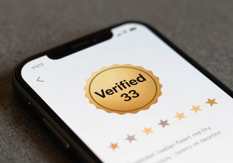 A close-up shot of a smartphone screen showing a 'Verified' badge in gold over a restaurant review. Elegant and clean interface design, photographed in a professional Western European / Dutch setting.