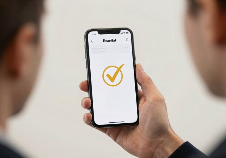 A professional photograph of a person in a Western European / Dutch professional setting holding a smartphone, displaying a clear digital receipt with a golden verification checkmark. Clean, bright composition against an off-white background.