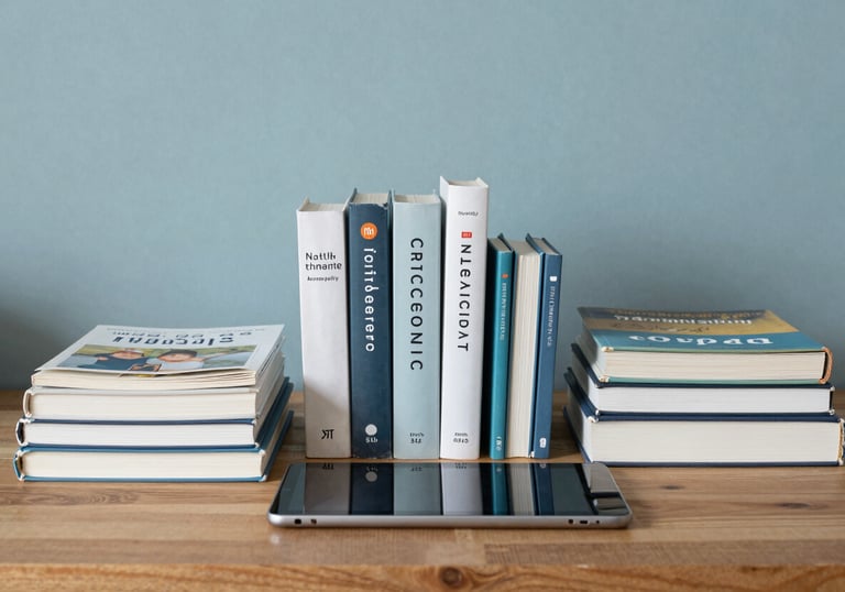 A collection of modern educational books and a digital tablet arranged neatly on a wooden desk in a North American / US home study. Muted sea blue and soft misty white colors dominate the scene.