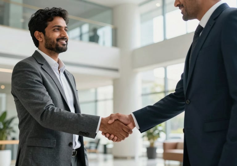 Two professionals in corporate attire shaking hands in a bright, modern lobby of a South Asian business center, representing a successful partnership.