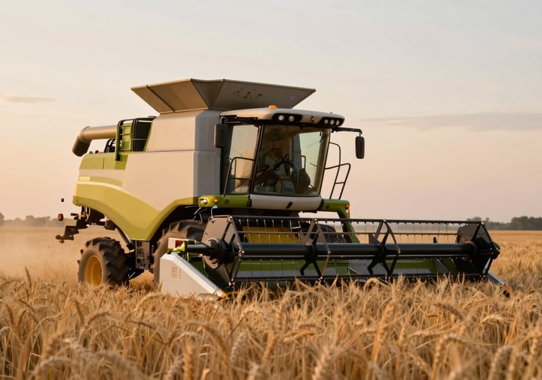 A modern agricultural combine harvester operating in a golden wheat field during sunset, captured with a professional cinematic style that highlights technological advancement in farming.
