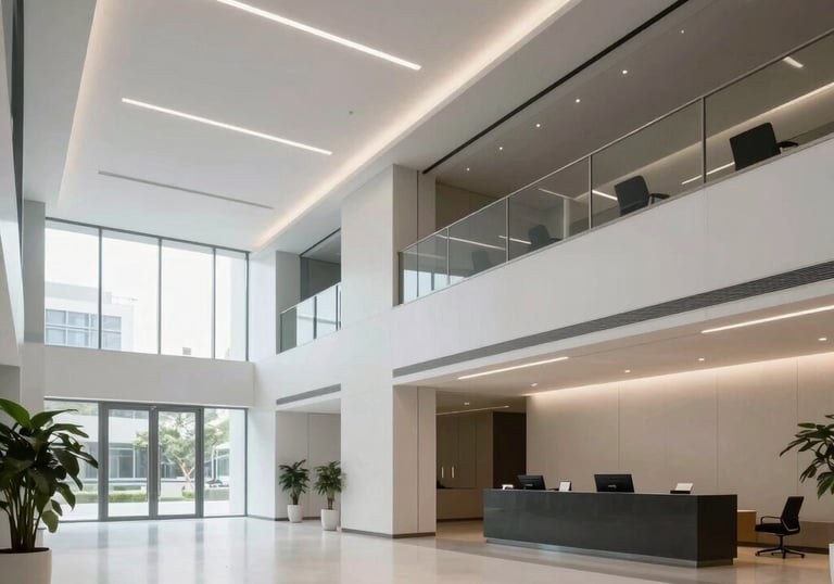 A futuristic corporate lobby in India with minimalist design, clean lines, and high-quality materials, reflecting global standards of excellence.