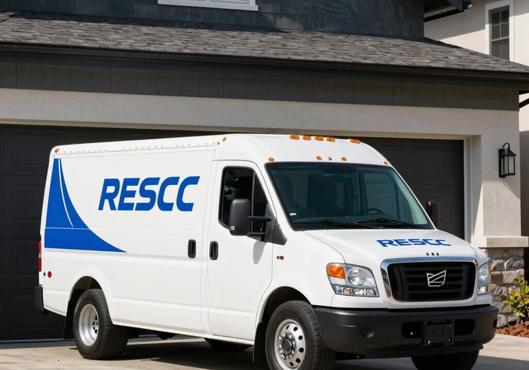 A white professional service truck with clean blue branding parked in a sunny North American driveway in front of a modern home with a beautiful dark slate garage door.