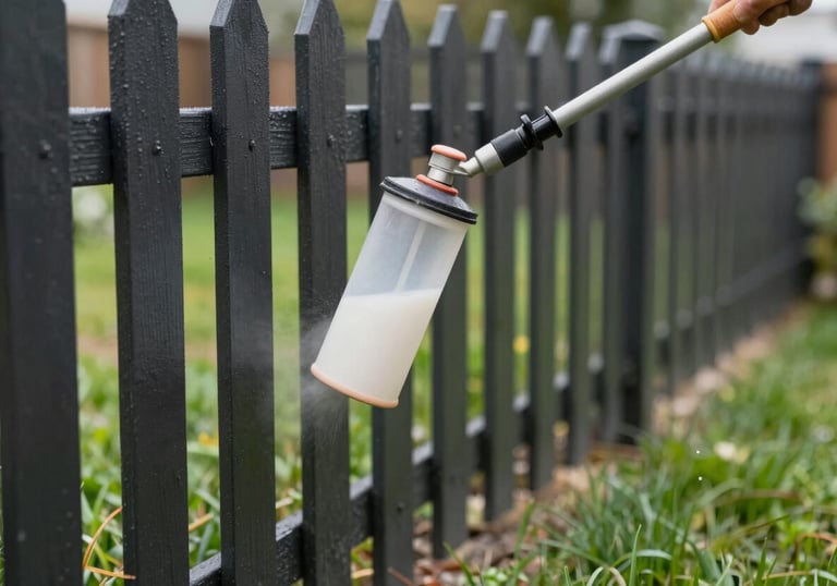 A close-up of a garden fence being revitalized with a professional spray coat of dark protective finish. The surrounding grass is neatly protected.
