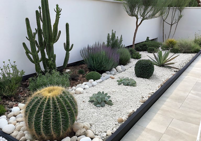  Diseño de paisaje desértico moderno con cactus barril dorado, suculentas altas y piedras de marmol 