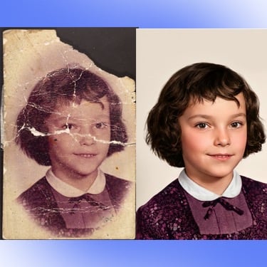 Side-by-side comparison of a damaged vintage photo of a girl and its professionally restored version.