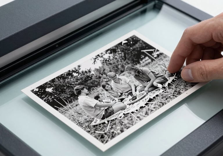 Close-up photography of a weathered, torn black and white photo of a family picnic in a North American / US setting. A hand is placing it onto the glass of a professional scanner. Clean, modern aesthetic with Slate Blue tones.