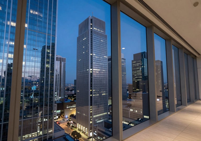 Perspective photography through a high-tech office window showing an urban cityscape with steel blue glass towers, deep blue skyline at dusk, global / tech-savvy.