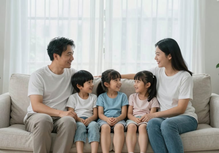 A happy family relaxing on a couch in a bright, cool North American / US living room, with a subtle breeze effect on the curtains suggesting a working AC system. The colors are off-white and light blue.