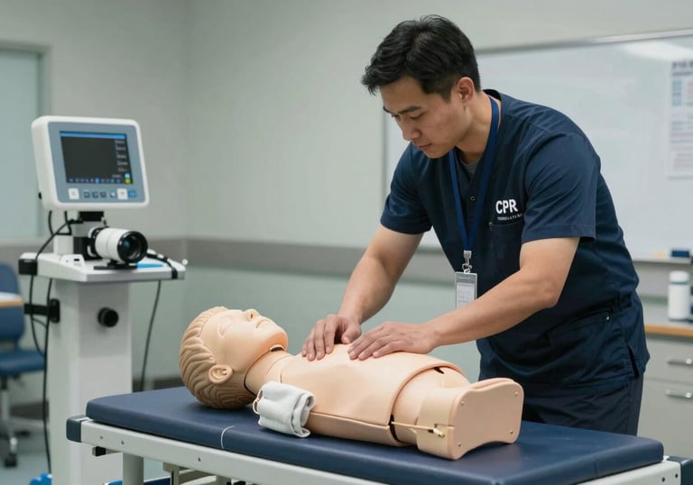 A CPR training instructor demonstrating technique on a manikin in a clean, professional training room in North America, using blue and slate-colored equipment.