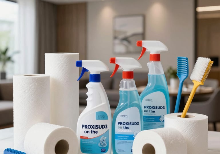 A bright, clean workspace with various professional cleaning products neatly arranged.