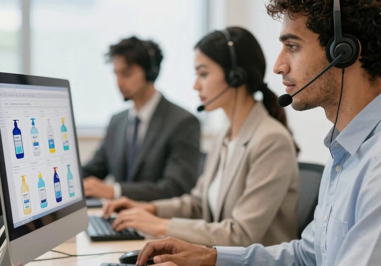 Friendly customer service representative assisting a client via phone with a smile.