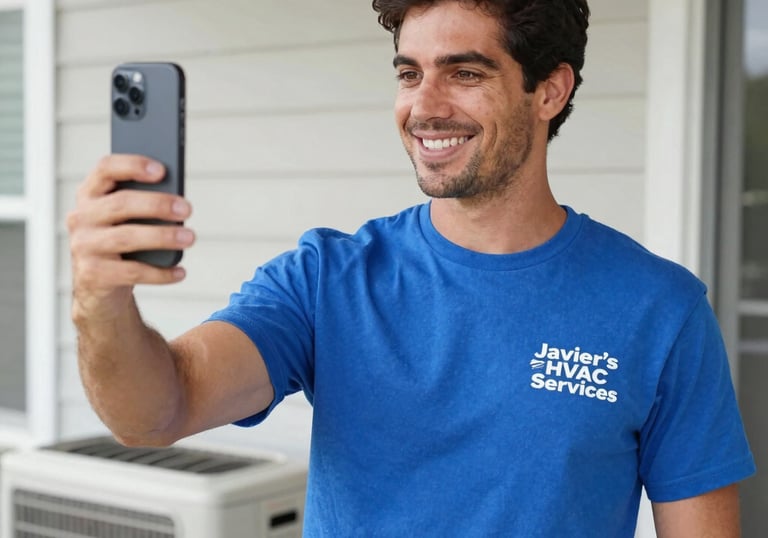 Smiling HVAC technician in a blue uniform taking a photo of an outdoor air conditioning unit with a smartphone.