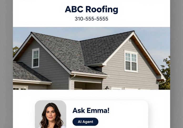 ABC Roofing website interface featuring high-quality asphalt shingle roof installation and AI customer support agent.