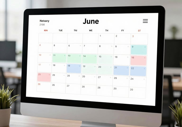 A desktop computer displaying a June monthly calendar planning software on an office desk.